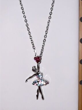 Ballerina Necklace Ballet Dancer Pink Heart Crystal Pendant 16”